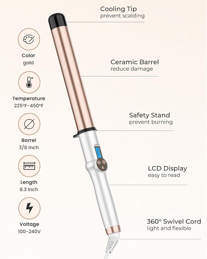 1 1/4 Inch Extra Long Barrel Curling Wand, Ceramic Tourmaline Curling Wand Professional Dual Voltage with Adjustable Temperature