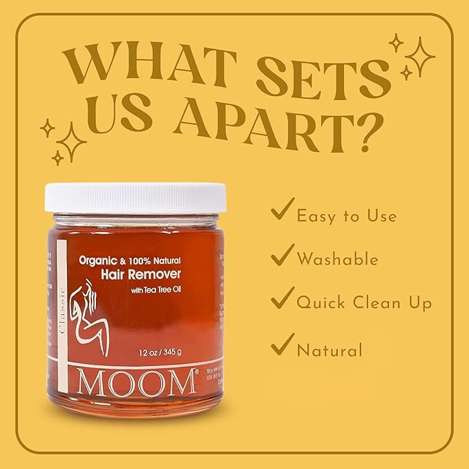 MOOM Organic Sugar Wax with Tea Tree Oil, 12 oz Jar, Hair Removal for Bikini, Brazilian, Face & Legs - Soft Wax for Sensitive Skin, Wax Beads Alternative For Women & Men (Strips & Sticks NOT Included)