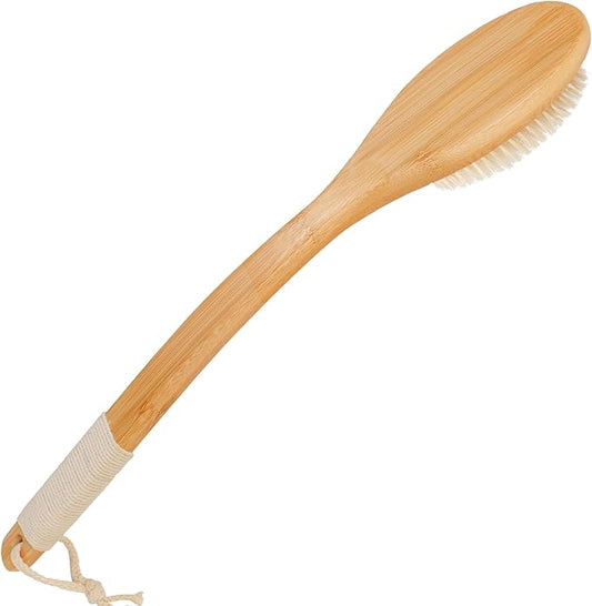 OWIIZI Bath Brush Bamboo Curved Long Handle Antiskid Body Brush for Exfoliating, Natural Bristles Shower Scrubber for Back Use Wet or Dry,Back Scrub Deep Cleanse-17.9inches