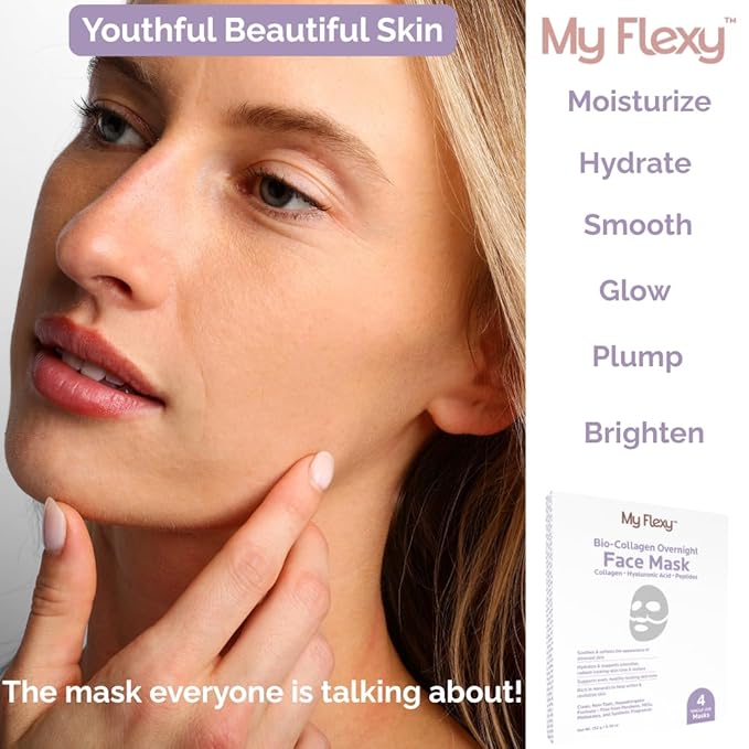 Bio Collagen Overnight Facial Mask with Peptides, Hyaluronic Acid & Antioxidants, Brightening Hydrating Facemask for Women, Hydrogel Korean Face Masks Skincare, Facial Sheet Skincare - 4 Pack