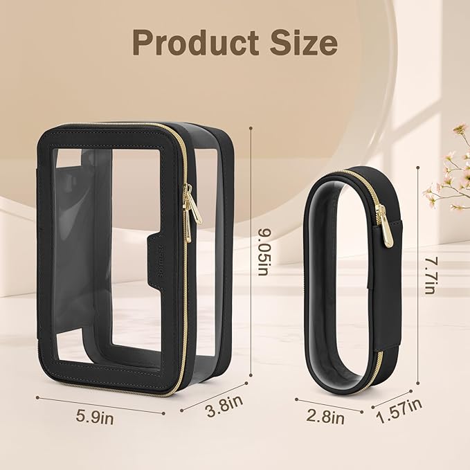 Travel Clear Makeup Bag with Makeup Brush Bag, Leather Makeup Case Toiletry Bag, Portable Cosmetic Bag Case, Transparent Waterproof Cosmetic Organizer Storage Bag for Women, Black