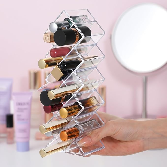 4 Pcs Lipstick Holder Organizer 16 Spaces Acrylic Stackable Fish Shape Lipstick Tower, Lip Gloss Storage Stand, Lipsticks Organizer Case Vertical for Lipgloss Organizers Makeup Vanity Display, Clear