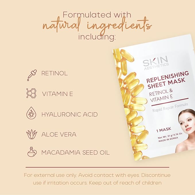 Retinol & Vitamin E Sheet Face Mask - Repairs Skin, Diminishes Fine Lines & Wrinkles, Anti-Aging - Dermatologist Tested Korean Skincare - Clean Beauty, Cruelty-Free - 5 Masks