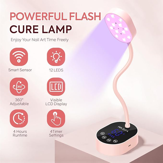 UV LED Nail Lamp, Gooseneck Gel X Mini Flash Cure Lamp, 36W Cordless Portable USB Rechargeable Nail Dryer with Auto Sensor, 4 Timers & LCD Display for DIY Home Manicure (Pink)