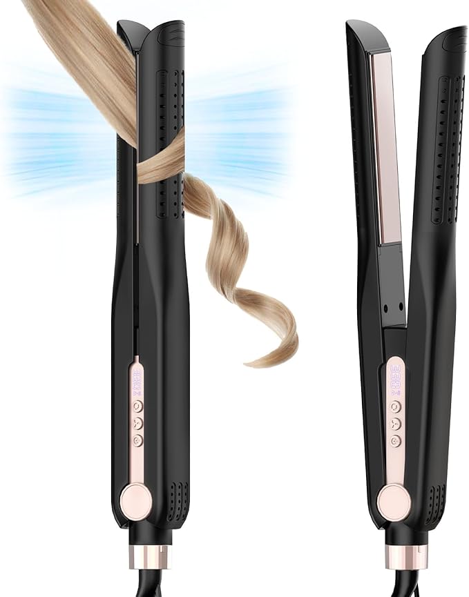 SKIMI Airflow Styler, Titanium Flat Iron Hair Straightener, Professional Curling Iron with Cooling Air Vents to Lock in Style, 5 Temps & Dual Voltage, Auto Off (Black & Pink).