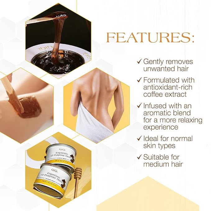 GiGi Espresso All Purpose Honee Soft Wax for Hair Removal with Antioxidant for Face & Body, Removes Coarse and Fine Hair, 14 oz