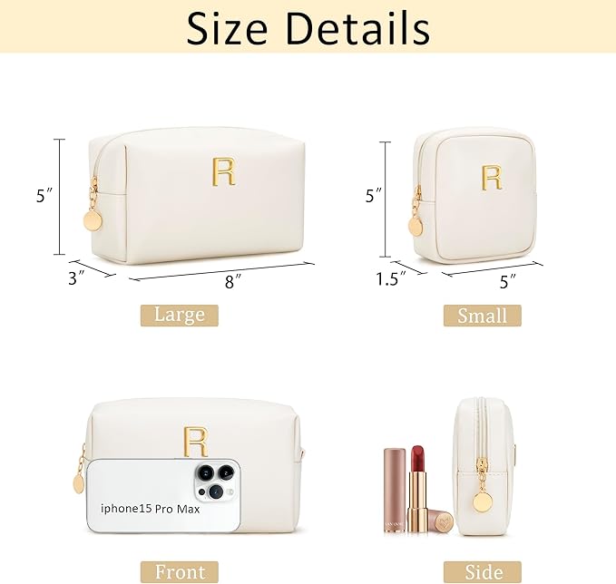Personalized Christmas Gifts for Women - Initial Makeup Bag Birthday Gifts for Women Travel Toiletry Bag Cosmetic Bags with Soft PU Leather (Beige R)