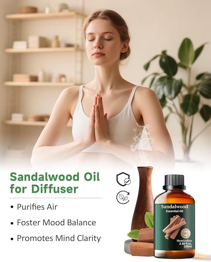 Pure Sandalwood Essential Oil, Mumianhua Natural Sandalwood Oil for Diffuser Aromatherapy, Skin, Hair, Massage, Candle, Soap Making, Evening Meditation, Calm Connection, Woody Grounding 3.38 Fl Oz
