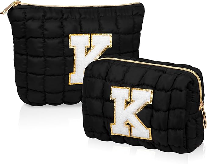 2PCS Initial Checkered Makeup Bag, Large Quilted Cosmetic Bag, Cute Make up Pouch for Purse, Travel Toiletry Storage Bag for Women Preppy Teen Girls Gift Trendy Stuff Gift (Black K)