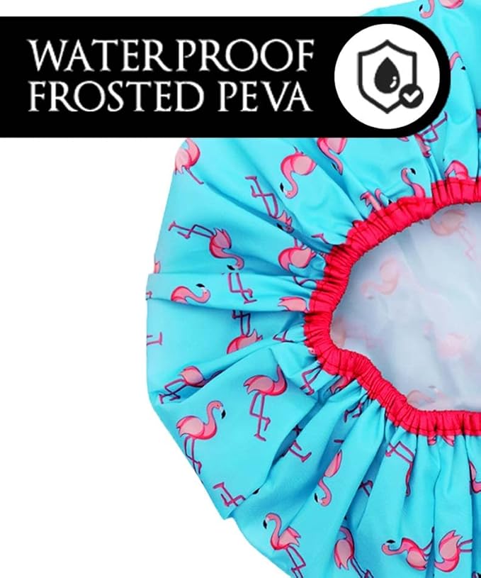 Reusable Shower & Bath Cap & Lined, Oversized Waterproof Shower Caps Large Designed for all Hair Lengths with PEVA Lining & Elastic Band Stretch Hem Hair Hat - Fashionista Flamingo Party