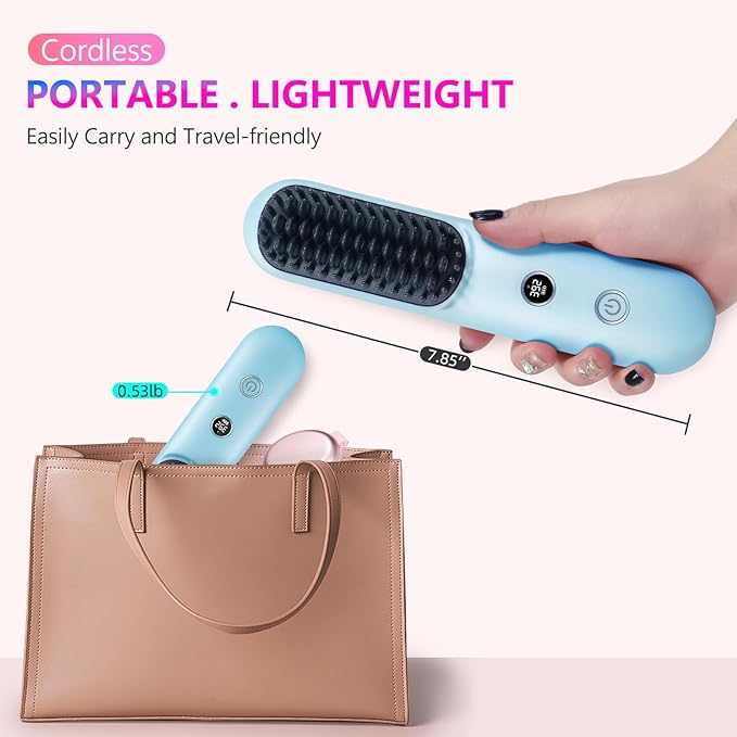 LCD Screen Cordless Hair Straightener Curler 2 in 1, Portable Mini Hair Straightening Brush for Travel Negative Ionic Fast Heating Hot Comb for Women, Folding Brush with Mirror, Blue