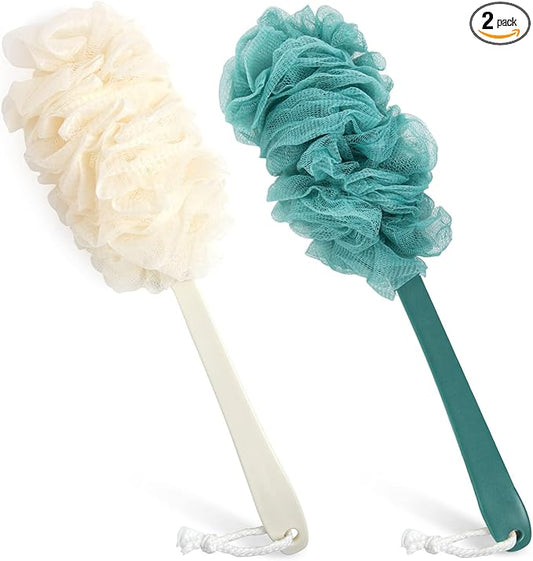 2Pack Back Scrubber for Shower，PIPUHA Loofah Sponge Shower Brush Using Body Exfoliating with Long Handle, Loofah on a Stick for Men Women, Bathing Accessories for Body Brushes (Blue and White)