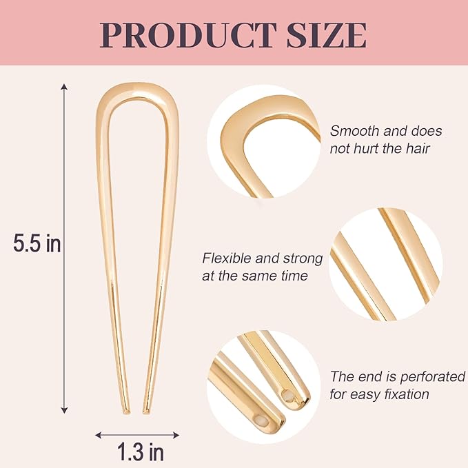 2PCS 5.5Inch French Hair Pins Large U-Shaped Pins for Women and Girls Fashion Metal Hair Pin French Twist Hair Pins for Buns, Updos,Stylish and Functional(set3-gold)