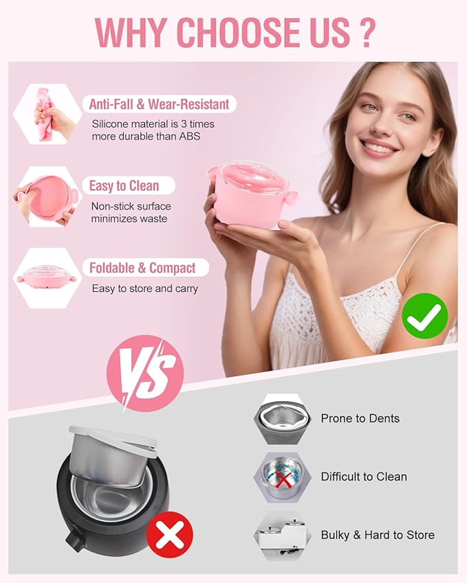 Silicone Wax Warmer for Hair Removal, Foldable Hot Wax Melter Machine for Hard and Soft Wax Beads, 18.6oz Electric Waxing Kit Fast Heating Silicone Pot for Full Body, Legs, Face, Eyebrows & Bikini