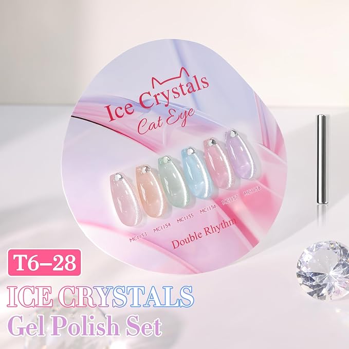 Double Rhythm Cat Eye Gel Nail Polish Set of 6 Same Color Same Bottle 0.5 Oz Shimmer Glitter with Magnet Holographic Reflective Magnetic UV Nail Polish Kit (Silver Nude Pink Blue Purple-T6-28)