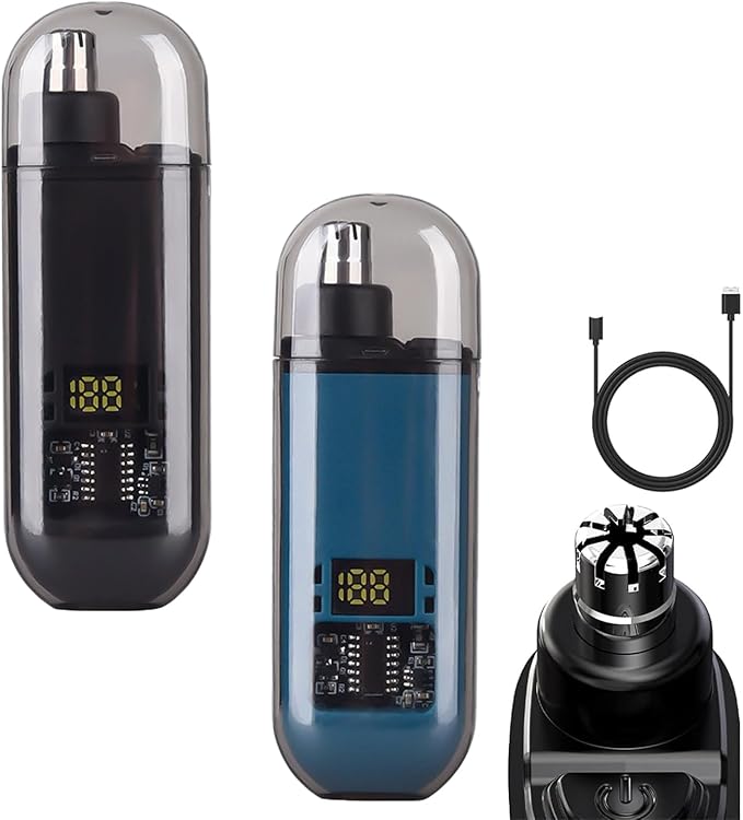 2-in-1 Nose Hair Trimmer - for Effortless, Waterproof Nasal Hair Cutter with Digital, Groom with Precision, Rechargeable, Electric Nose Hairs Trimmer for Men Women (Black*Blue)