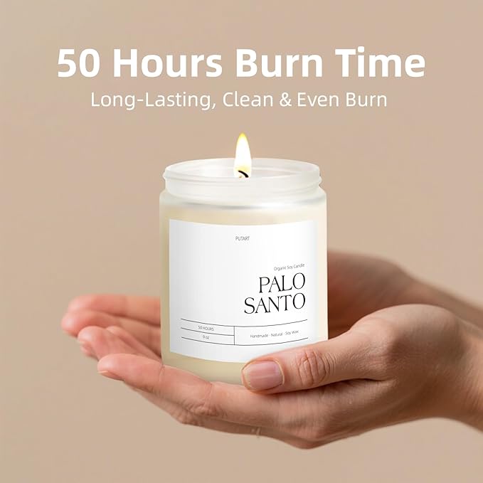 Palo Santo Highly Scented Candle for Home, 9oz Natural Soy Aromatherapy Non Toxic Candles with Essential Oil, Home Fragrance Stress Relief & Meditation Jar Candles Gifts for Women & Men, White