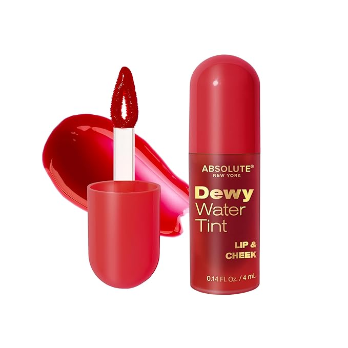 Absolute New York Dewy Water Lip and Cheek Tint, Glassy Tinted Lip Oil, with Vitamin E, Squalane and Jojoba Seed Oil (MLTN01 Cherry Pop)