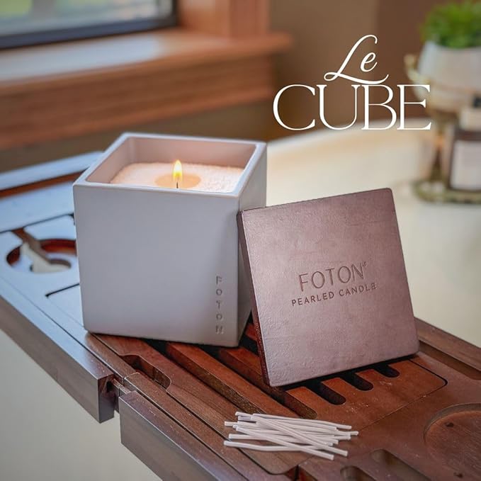 Foton Pearled Candle Multipack Le Cube Concrete Vase Set (2 x 16 Oz) - Festive Fir Scented - Refillable Jar Scented Candle Sand with 15 Wicks Each - Natural Non-Toxic Decorative Candles for Home
