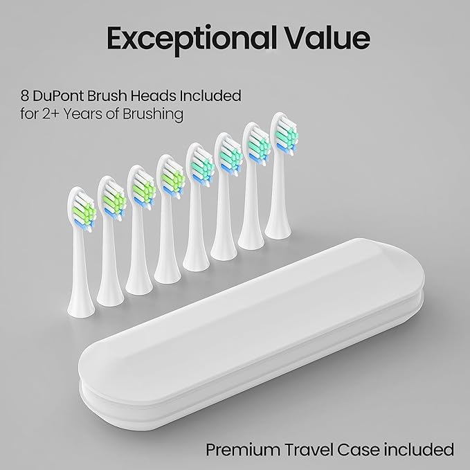 YUNCHI Sonic Electric Toothbrush for Adults Teens, Rechargeable Battery Toothbrush with 8 Brush Heads, 90 Days, 44000 VPM Powerful Motor, 5 Models & 2 Minutes Built in Smart Timer, Travel Case,White