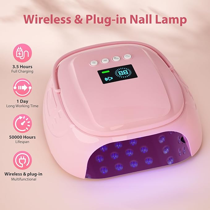126W Cordless Rechargeable UV LED Nail Lamp with Large Space, Handle and Foot Rest, Fast Curing Gel Nail Dryer with 4 Timers for Salon and Home (Pink)