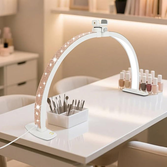 Half Moon Light for Nail Desk with Phone Holder, 28IN Folding Half-Moon Light with Shinning Diamond, LED Lamp for Nail Art, Eyelash Extension, Tattooing, Skin Management, 10 Brightness Levels, Gold