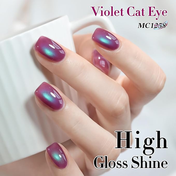 Double Rhythm 0.5 OZ Cat Eye Gel Polish with Magnet 15ML Holographic Glitter Shimmer Translucent Jelly Color Magnetic Nail Polish Salon DIY at Home (Purple Green-MC1258)