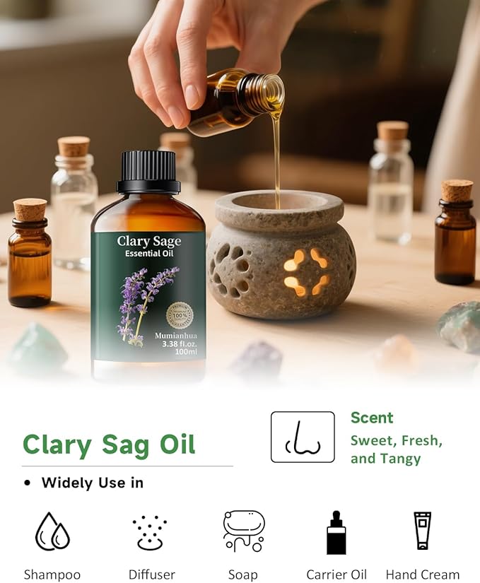 Clary Sage Essential Oil Pure, Mumianhua Natural Clary Sage Oil for Diffuser, Hair,Skin, Candle,Soap Making,Aromatherapy 3.38 Fl Oz