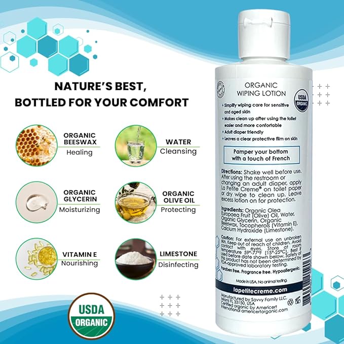 La Petite French Premium Liniment Wiping Lotion for Seniors (8 oz) - Alternative to Wet Wipes, Incontinence Lotion - Moisturizer & Skin Cleanser - USDA Organic Certified & EWG Verified