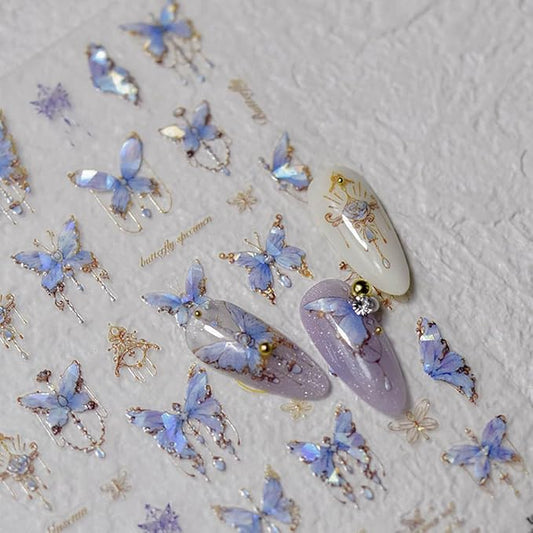 Butterfly Nail Art Stickers Decals 5D Butterfly Nail Stickers Blue Seashell Shinny Butterfly Nails Design 5D Embossed Nail Decals Butterfly Stickers for Women Girl DIY Manicure Nail Art Decorations