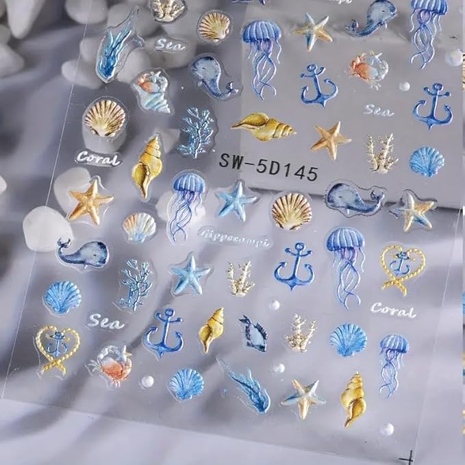 5D Embossed Ocean Life Nail Art Stickers Decals Self Adhesive Seashell Starfish Nail Decals Sea Creature Designs Summer Nail Stickers Marine Life Manicure Sliders for Women DIY Nail Art Decorations