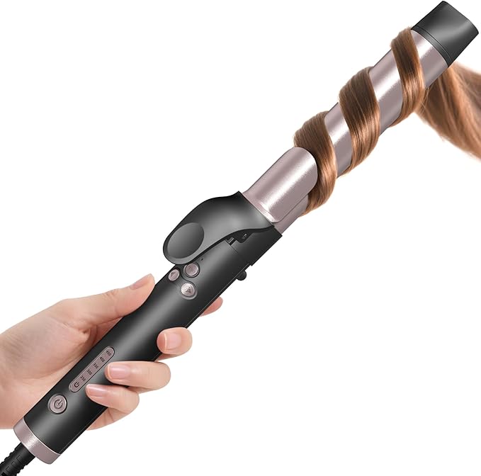 Rotating Automatic Curling Iron for Waves-Curling Wand for Long Hair, Extra Long Barrel Ceramic Hair Curler for Women,Dual Voltage, 5 Temps & 30s Heat-up (Rose Gold, 1.25 inch)