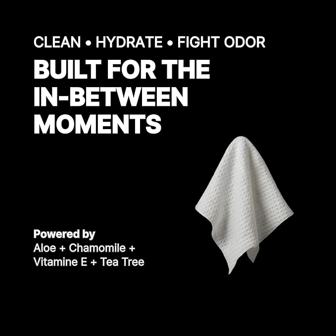 20 Pack - Portable Face and Body Wipes - Post Workout, Travel, Late Night, Pre Meeting - Powered By Tea Tree, Chamomile, Vitamin E, Aloe