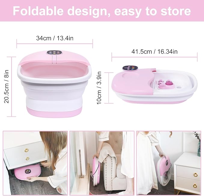Collapsible Foot Spa Bath Massager with Heat Bubbles and Vibration Massage and Jets, 16oz Tea Tree Oil Foot Soak Epsom Salt, WHALSTAR Foot Bath Bucket With Red Light & Remote - PINK
