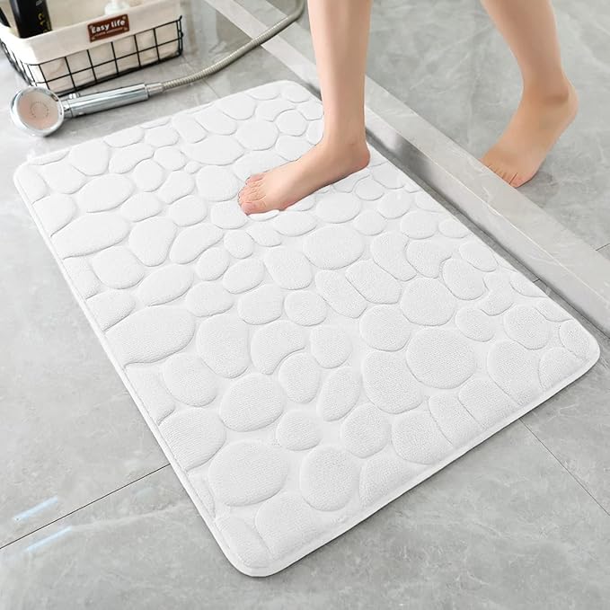 YIHOUSE Memory Foam Bath Mat Cobblestone Bathroom Rugs Super Water Absorbent Bath Mats for Bathroom Machine Washable Bath Rugs(24 x 36,White)