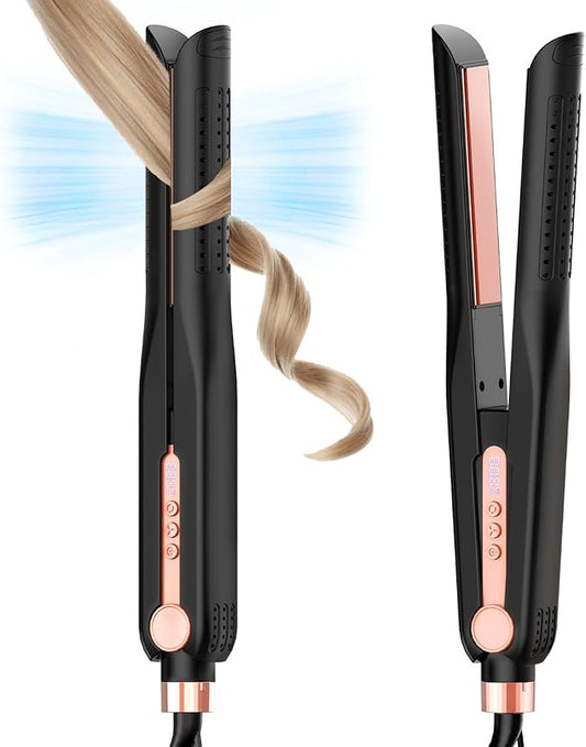 SKIMI Airflow Styler, Titanium Flat Iron Hair Straightener, Professional Curling Iron with Cooling Air Vents to Lock in Style, 5 Temps & Dual Voltage, Auto Off(Black & Coral).