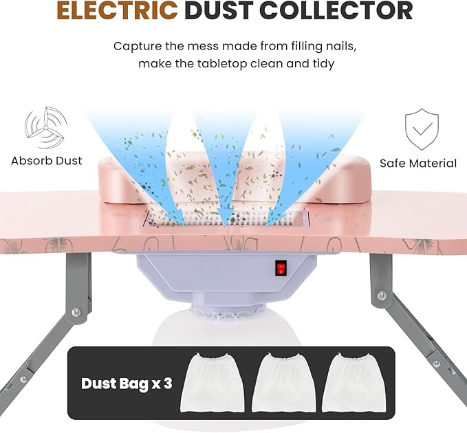 WELLHUT Nail Tech Table Vented Manicure Table w/LED Lamp, Dust Collector, Carry Bag & Soft Cushion, Portable Nail Tables w/Universal Mute Wheels for Nail Lovers Home Spa Beauty Salon