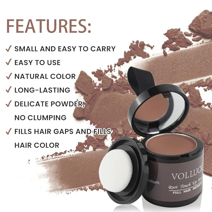 VOLLUCK Root Touch up Powder, Instant Hairline Powder for Thinning Areas and Gray Hair Coverage, Natural and Non-greasy Root Cover up for Women and Men (Auburn, 0.35 Ounce)