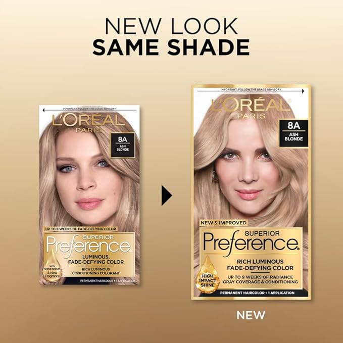 L'Oreal Paris Superior Preference Luminous Fade-Defying Permanent Hair Color, Hair Dye For Up to 9 Weeks of Radiance, Ash Blonde 8A, 1 Hair Dye Kit