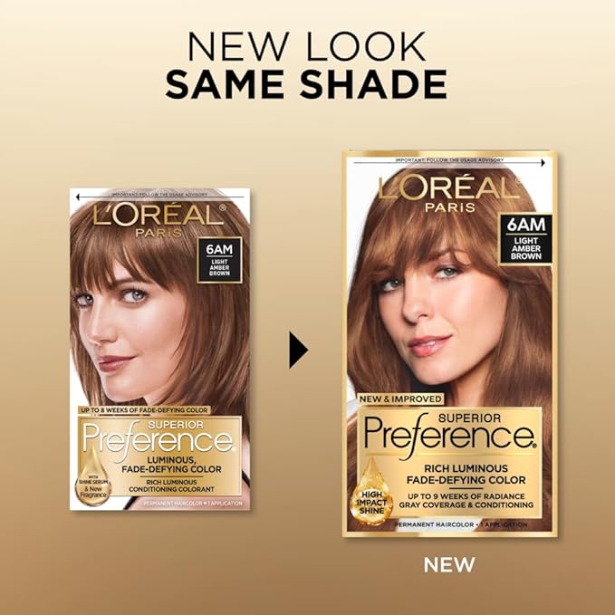 L'Oreal Paris Superior Preference Luminous Fade-Defying Permanent Hair Color, Hair Dye For Up to 9 Weeks of Radiance, Light Amber Brown 6AM, 1 Hair Dye Kit