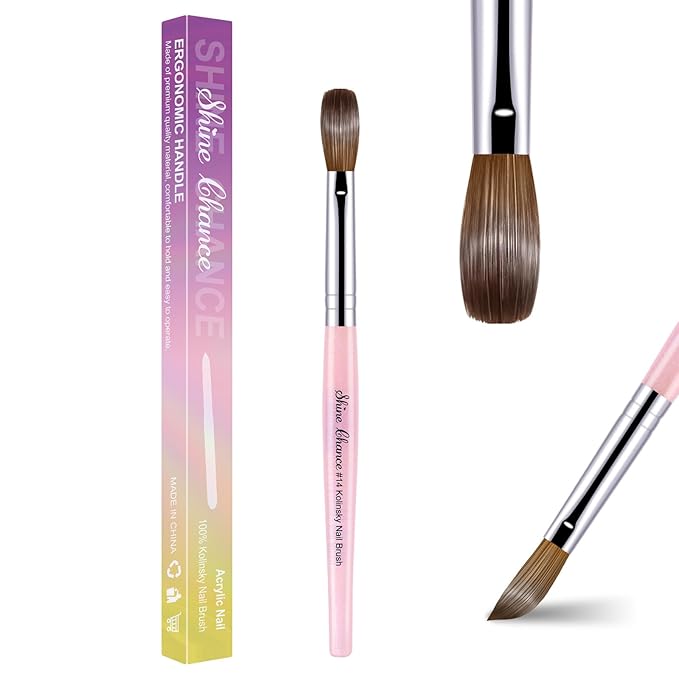 Acrylic Nail Brush Size 14, 100% Pure Kolinsky Nail Brush for Acrylic Application, Professional Nail Extension Manicure Tool Nail Drawing Pen for DIY Home Salon(Pink)