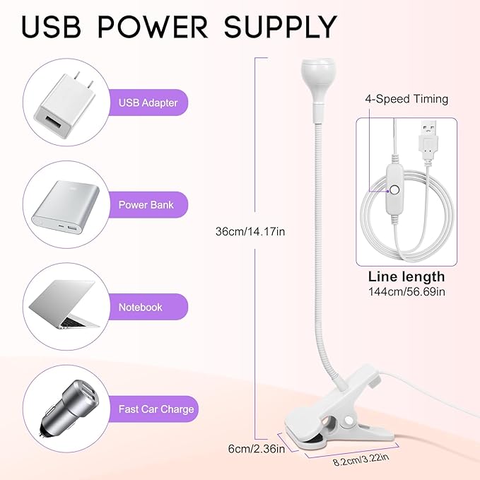 AORAEM LED Nail Lamps 3W Flexible Gooseneck Lamp Quicky Dry Nail Manicure Dryer Gel Polish Curing Light Plug Play Portable Flash Cure Light for Gel Nails Home DIY Professional Nail Tools White