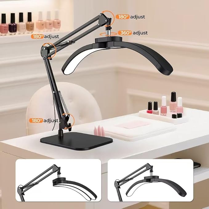 Half Moon Light for Nail Desk, 22W LED Lash Light with Adjustable Arm, Desk Clamp & Base, Foldable Nail Tech Lamp for Manicure, Eyelash Extensions, Beauty, Tattoo, Esthetician
