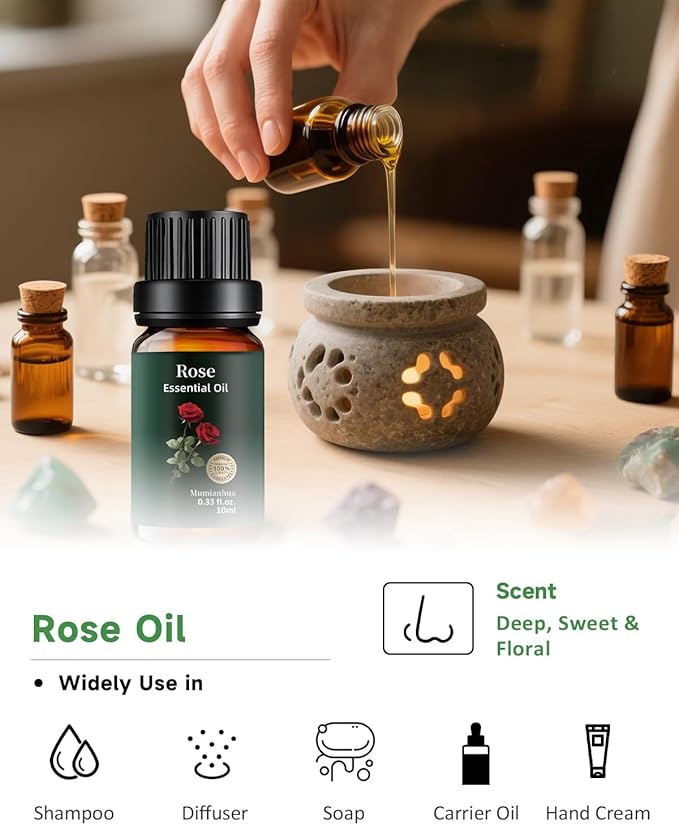 Rose Essential Oil, 100% Pure & Natural Aroma Oils for Aromatherapy Diffuser, Skin & Hair Care, Perfume, Soap & Candle Making, 0.33 Fl Oz / 10ml Mumianhua