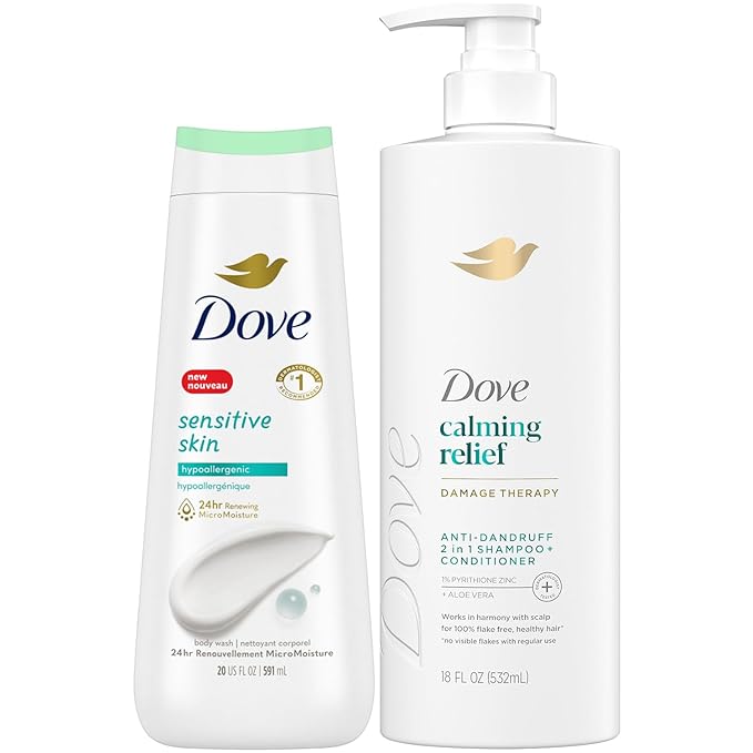 Dove Dandruff Shampoo & Conditioner 2-in-1, DermaCare Calming Relief with Pyrithione Zinc + Dove Body Wash for Sensitive Skin – Relief for Itchy Scalp and Dry Skin (2 Piece Set)