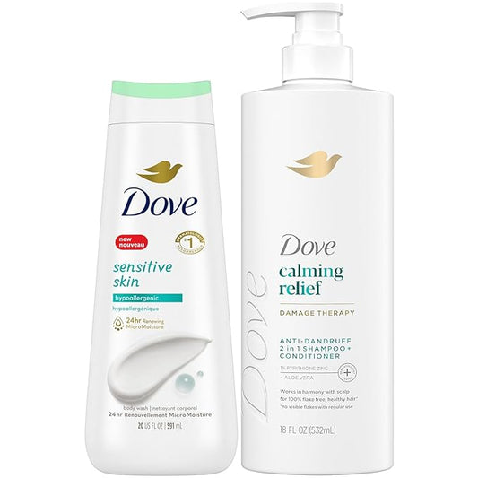 Dove Dandruff Shampoo & Conditioner 2-in-1, DermaCare Calming Relief with Pyrithione Zinc + Dove Body Wash for Sensitive Skin – Relief for Itchy Scalp and Dry Skin (2 Piece Set)