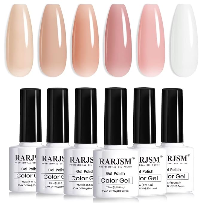 RARJSM Nude Gel Nail Polish Set of 6 Transparent Colors 7.5ml Clear Purple Sheer Wine Red Milky Mavue French Manicure LED UV Gel Soak Off Curing Requires Home