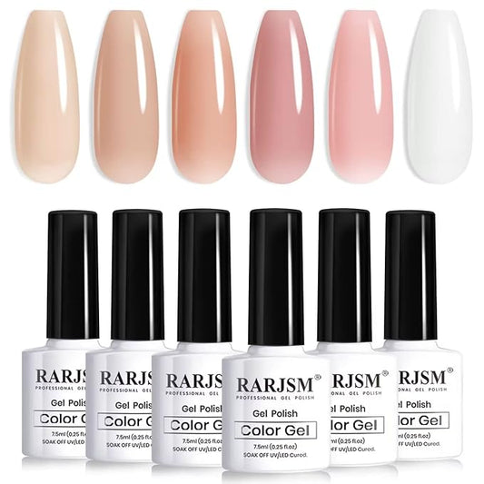 RARJSM Nude Gel Nail Polish Set of 6 Transparent Colors 7.5ml Clear Purple Sheer Wine Red Milky Mavue French Manicure LED UV Gel Soak Off Curing Requires Home