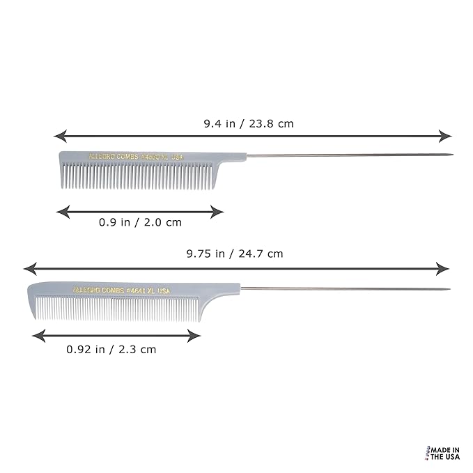 Allegro XL Pintail Rat Tail & Parting Combs - Metal Tail Foiling & Pin Combs for Stitch Braids - 2 Pc. (Gray)