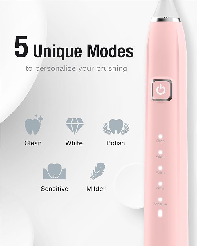 7AM2M Sonic Electric Toothbrush with 6 Brush Heads for Adults&Kids, One Charge for 120 Days, Wireless Fast Charge, 5 Modes, 40000VPM Powered Toothbrush, 2 Minutes Built in Smart Timer -Pink